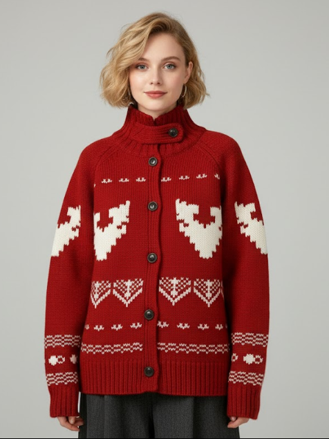 Sweet Christmas Striped Viscose Cardigan - Mock Neck Long Sleeve with Buttons