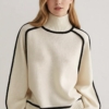 Striped Oversize Knit Pullover with High Collar and Puff Sleeves