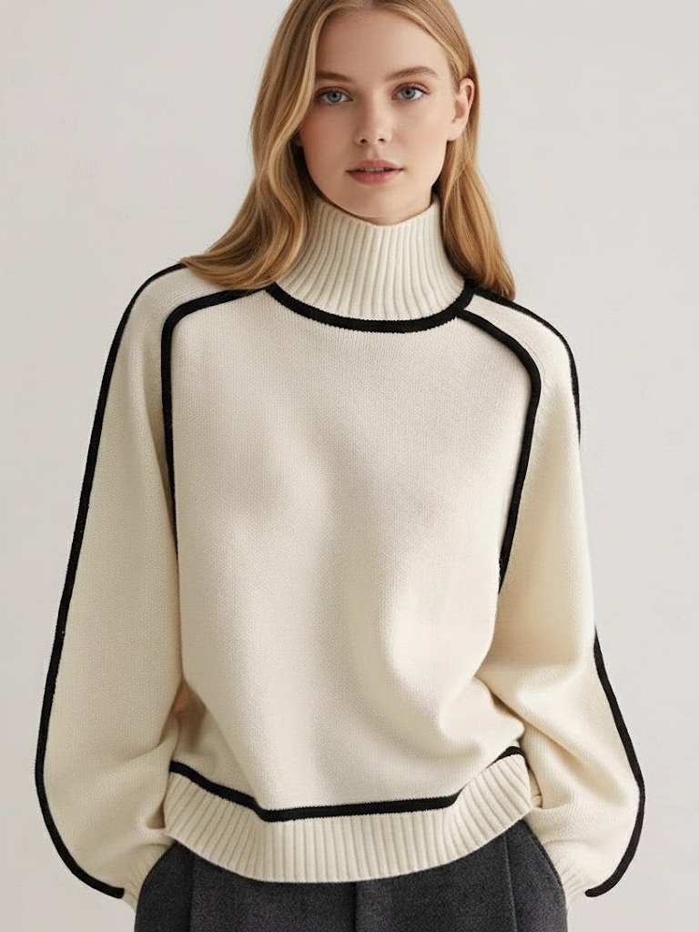 Striped Oversize Knit Pullover with High Collar and Puff Sleeves
