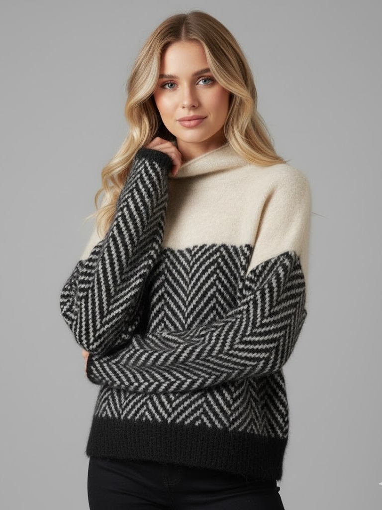 Color Block Chevron Knit Pullover with Mock Neck