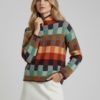 Colorful Checkered Pattern Knit Pullover with High Collar