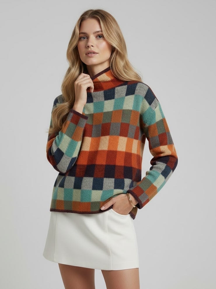 Colorful Checkered Pattern Knit Pullover with High Collar
