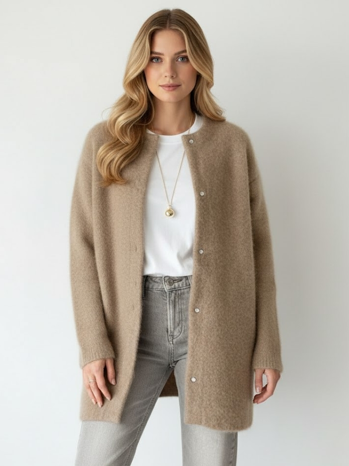 Long Round Neck Knit Cardigan with Pearl Buttons