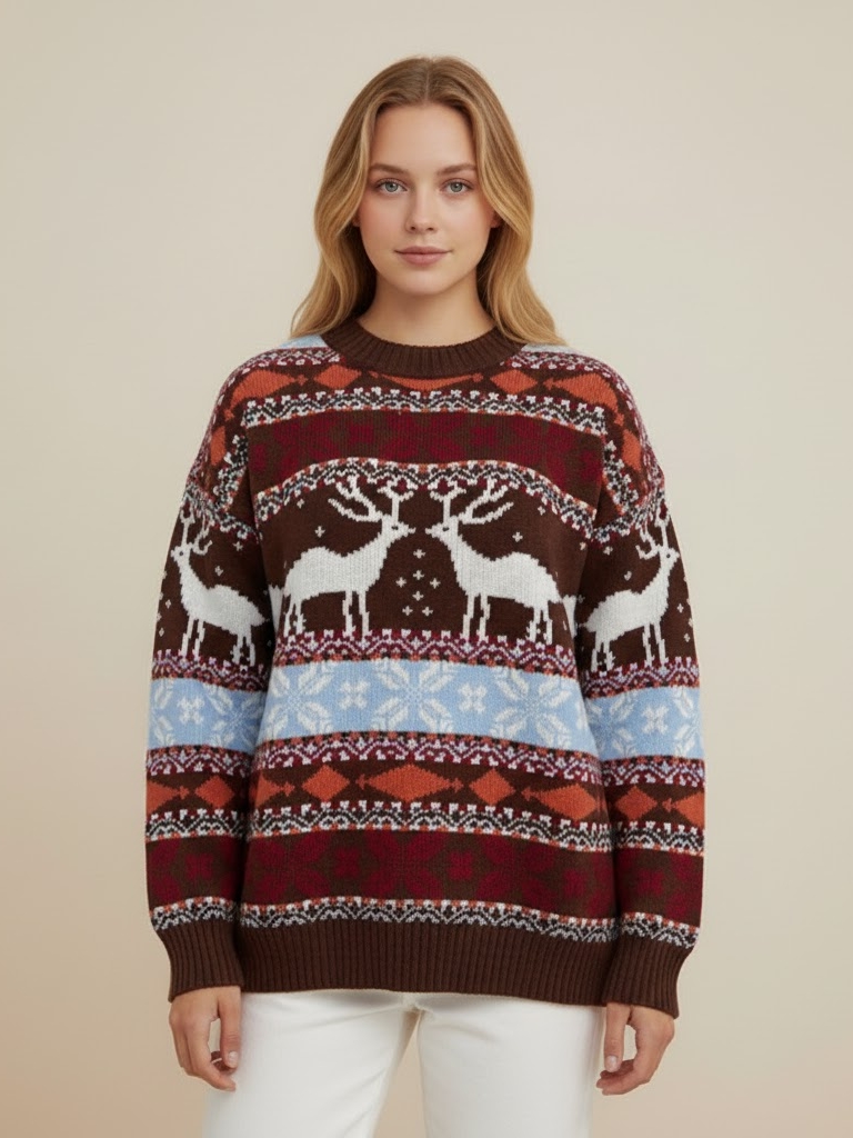 Elegant Christmas Reindeer Pattern Knit Sweater - Long Sleeve Round Neck Pullover