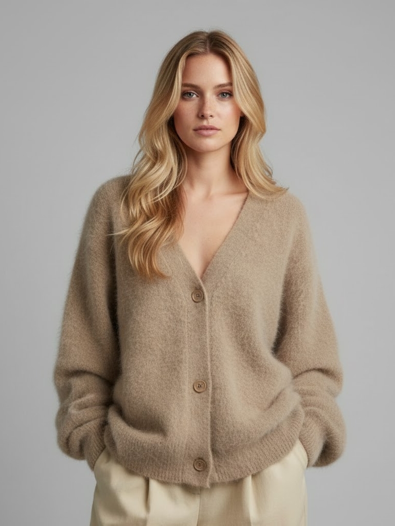 Fluffy V-Neck Cardigan in Mink Look