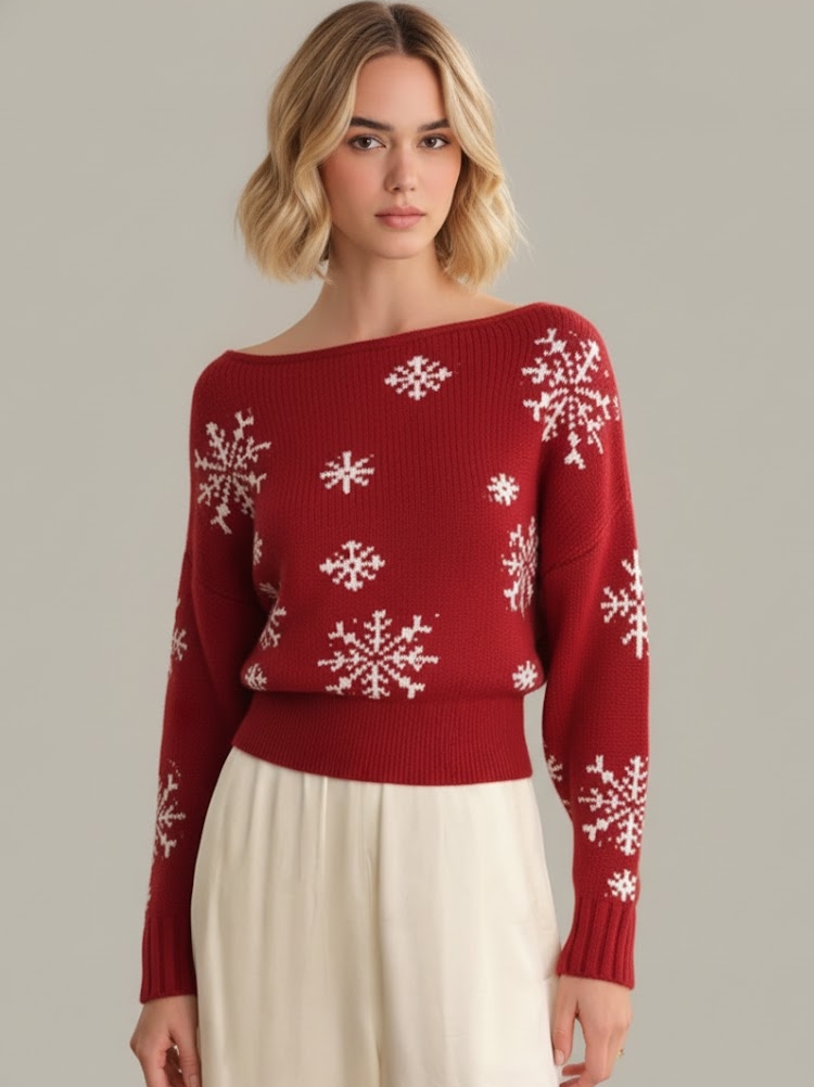 Snowflake Jacquard Pullover Sweater - Off-Shoulder Boat Neck Long Sleeve